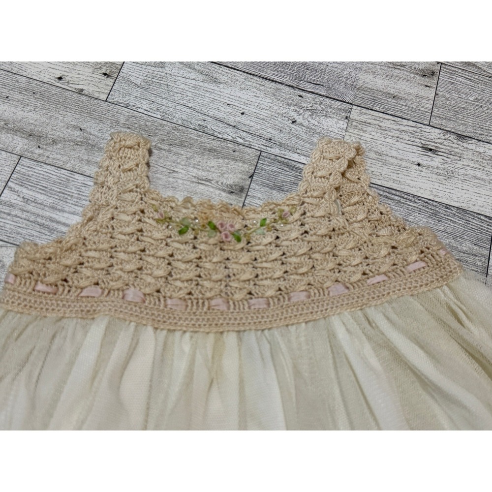 Victoria Kids Crochet Tulle Dress 18-24 Months Tan Cream Floral Special Occasion